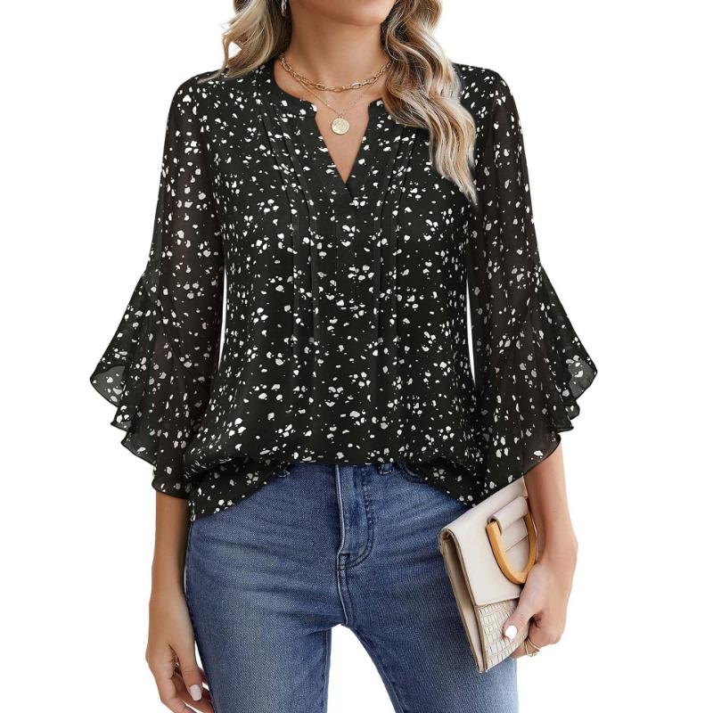 

Топ с рукавом три четверти «лепесток лотоса», однотонный, модный, повседневный, свободный, с V-образным вырезом, деловые шифоновые рубашки, женские блузки и рубашки XXL