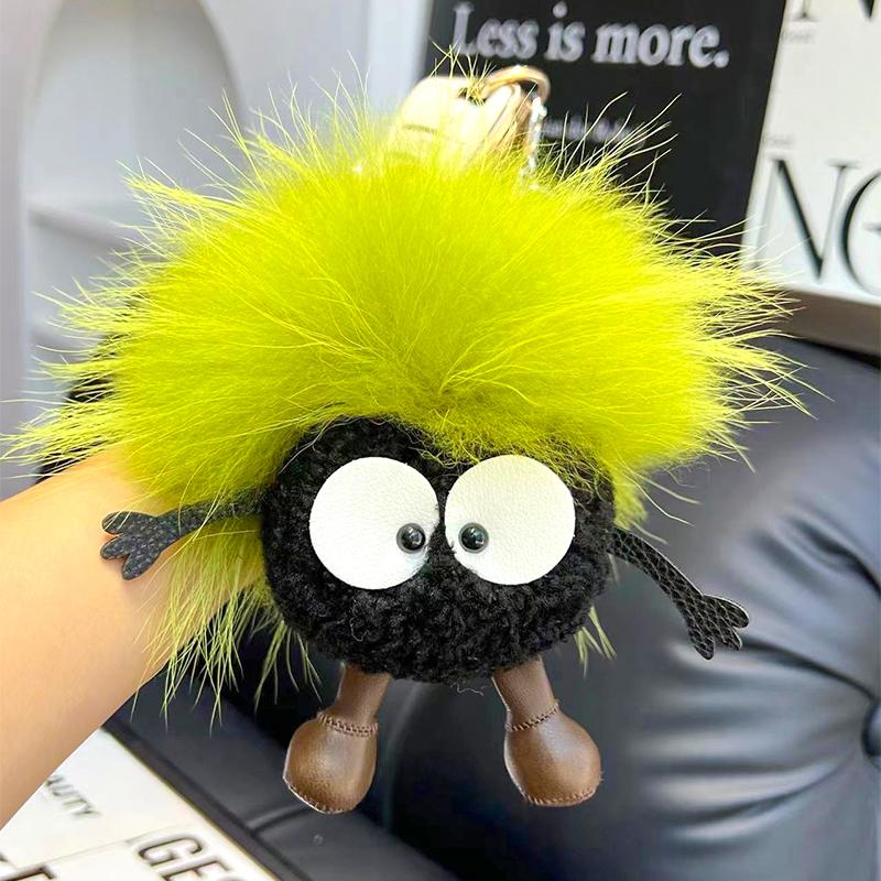15cm Cute Cartoon Wool Small Coal Ball Car Keychain Real Raccoon Fur Pendant Elf Plush Ball Bag Pendant Hobby Collection Gift