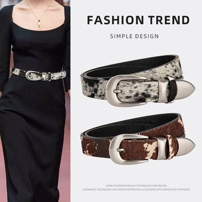 Trendy Retro Head Layer Cowhide Belt Women Cow Pattern Decorative Jeans Belt Head Layer Cowhide Silver Buckle Belt Women