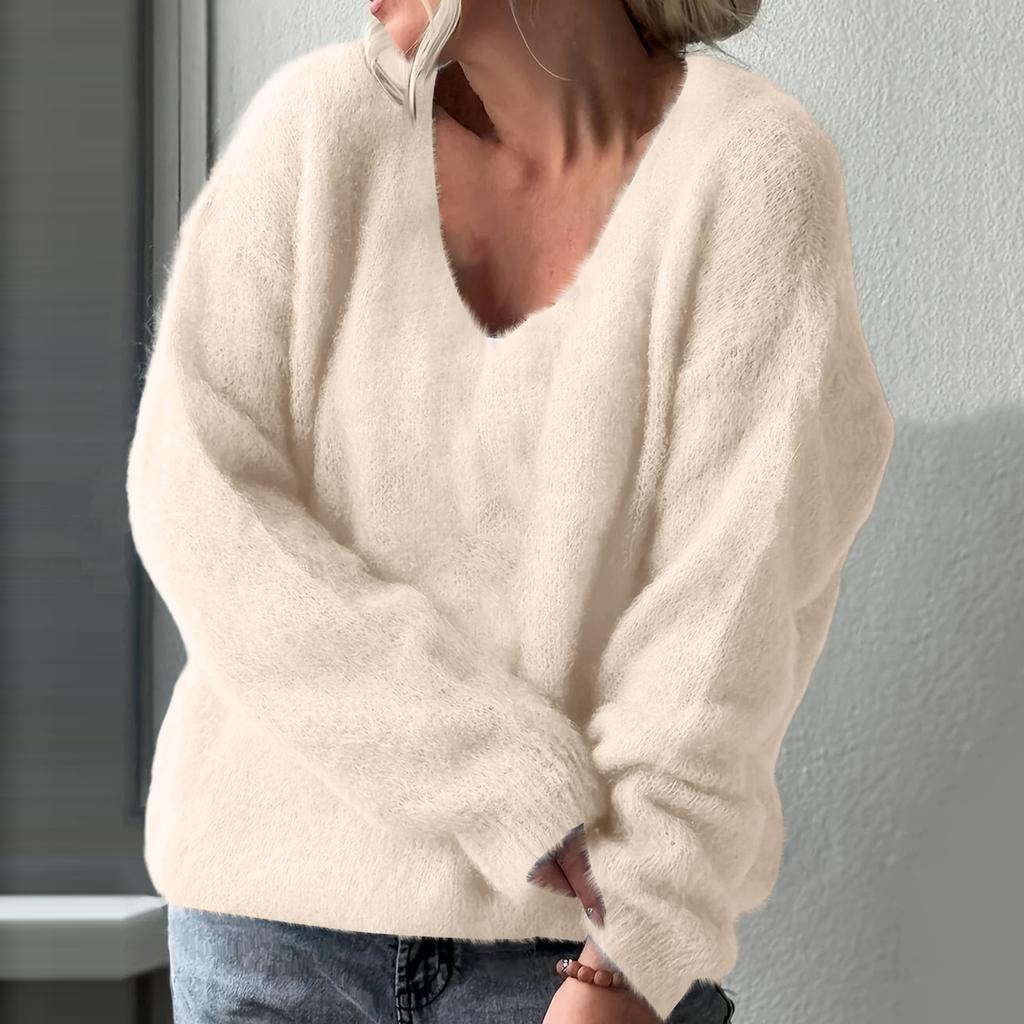 Mote Casual V-hals Ensfarget Langermet Strikket Genser Topp for Kvinner