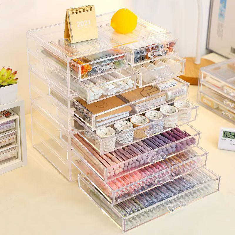 Clear Desk Organizers and Acssories, Stackable Makeup Storage Box Plastic Drawer Organizer for Home Offi Supplies Art Craf