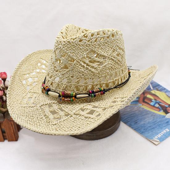 Ψάθα Καπέλο με Προστασία UPF 50+ Ρυθμιζόμενο Λουράκι Πηγουνιού Διακόσμηση με Χάντρες Διάτρητο Σχέδιο Αναπνεύσιμη Πλέξη Ρετρό Ντένιμ Ψάθα Καπέλο