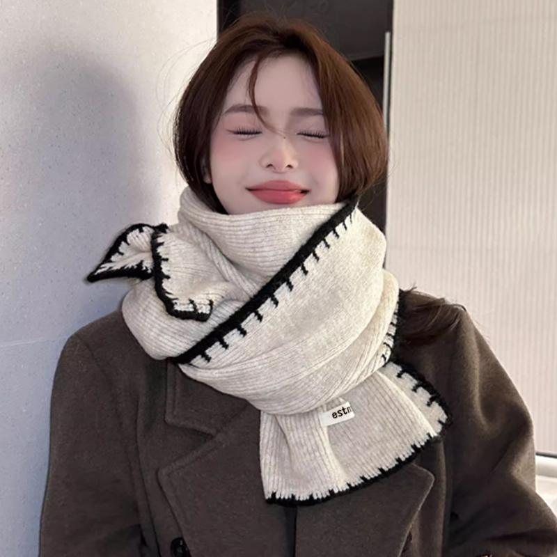 Korean Contrast Knitted Scarf Winter Keeping Warm Fashion Retro Versatile Scarf