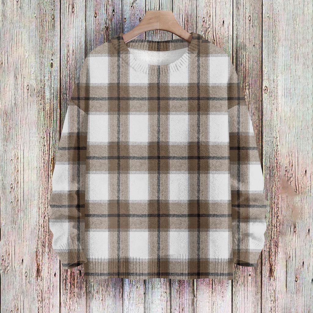 Women's Fashionable Casual Long-sleeved Checkered Printed Round-neck Sweater Knitted Top