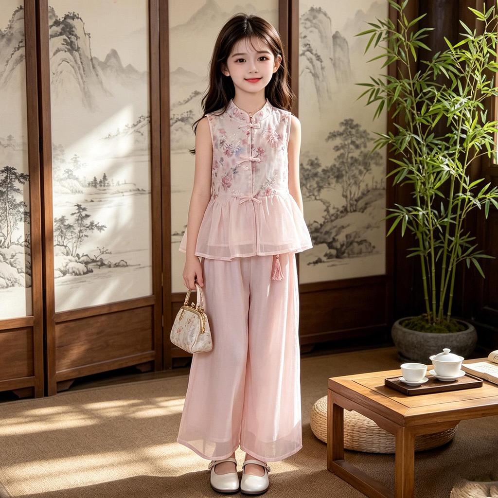 Girls' Summer Hanfu Sleeveless Top & Wide-Leg Pants Set
