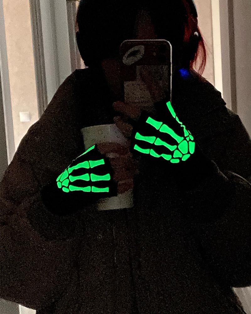 Nové punkové rukavice Unisex Halloween Skeleton Skull Půlprstové rukavice svítící ve tmě Strečové pletené zimní rukavice bez prstů