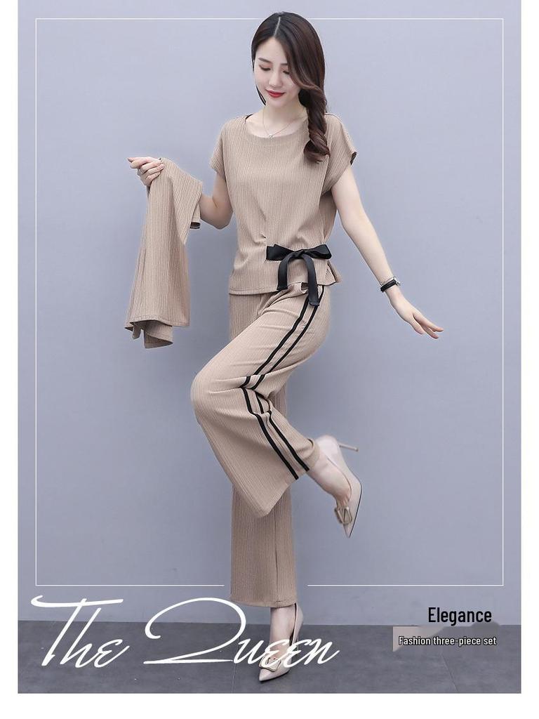 2023 Women's Fashion Three-Piece Set: Wide-Leg Pants, Temperament Coat & Casual Crop Top