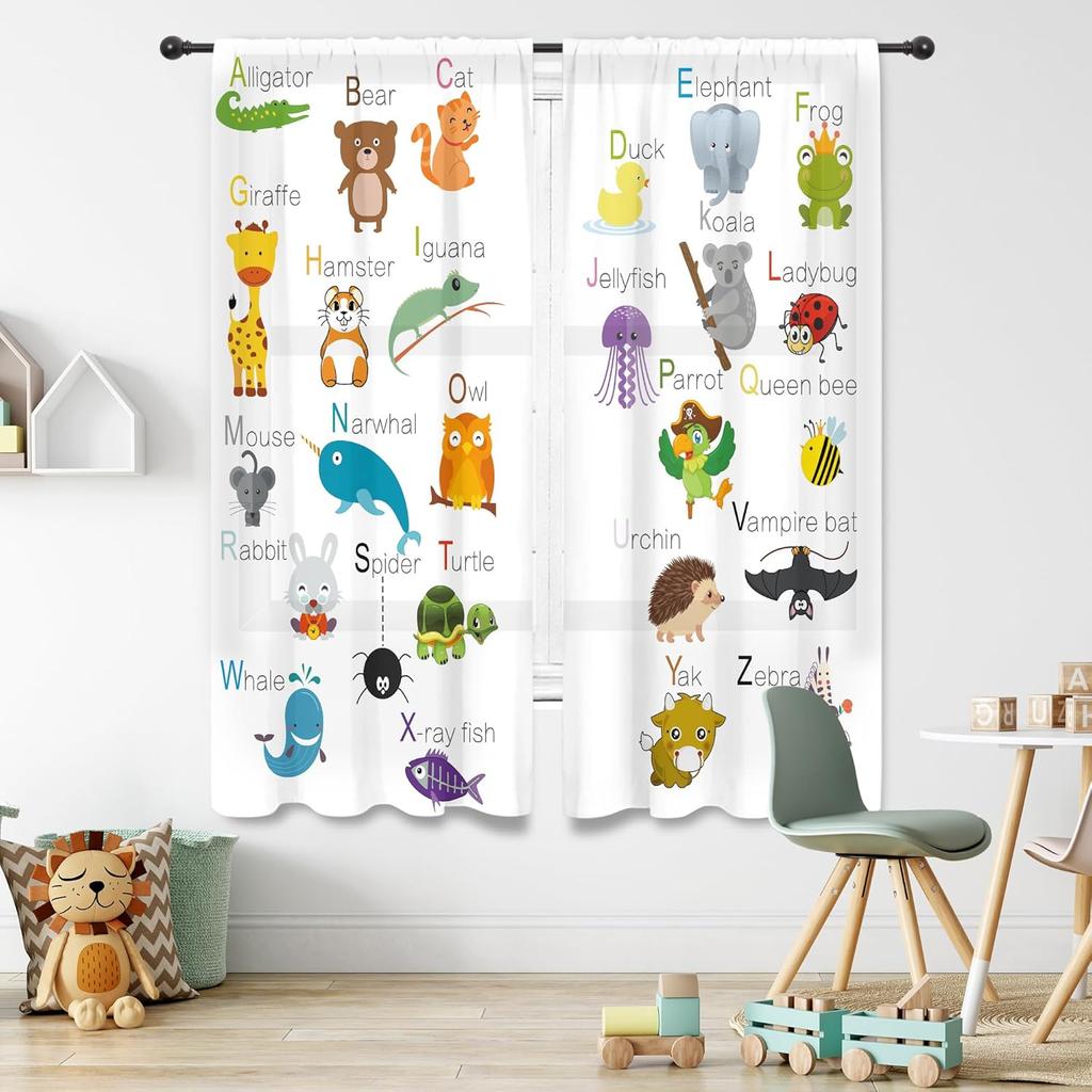 Abc Alphabet Kids Curtains Sheer Pocket Cartoon Animal Baby Boys Bedroom Decor Child Nursery Funny Learning Educational Fabric