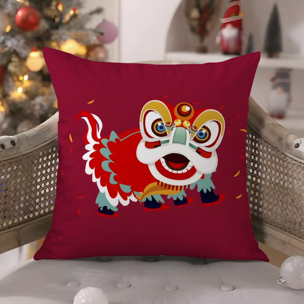 Chinatown Festive Lion Print Pattern Pillow Case Comfort Sofa Bed Silky Elegant Invisible Zipper Decorative Cushion Cover