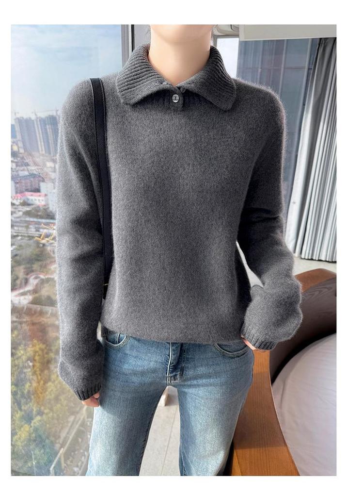 Women's Pure Wool High-Neck Buttoned Pullover - Long-Sleeved Knitted Sweater for Autumn/Winter