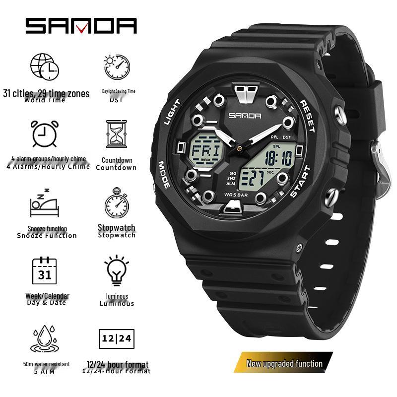 Sanda Trendy Luminous Waterproof Multifunctional Unisex Electronic Watch