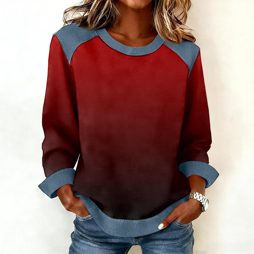 Felpa Casual da Donna con Collo in Denim Patchwork e Cuciture, Maglia a Manica Lunga