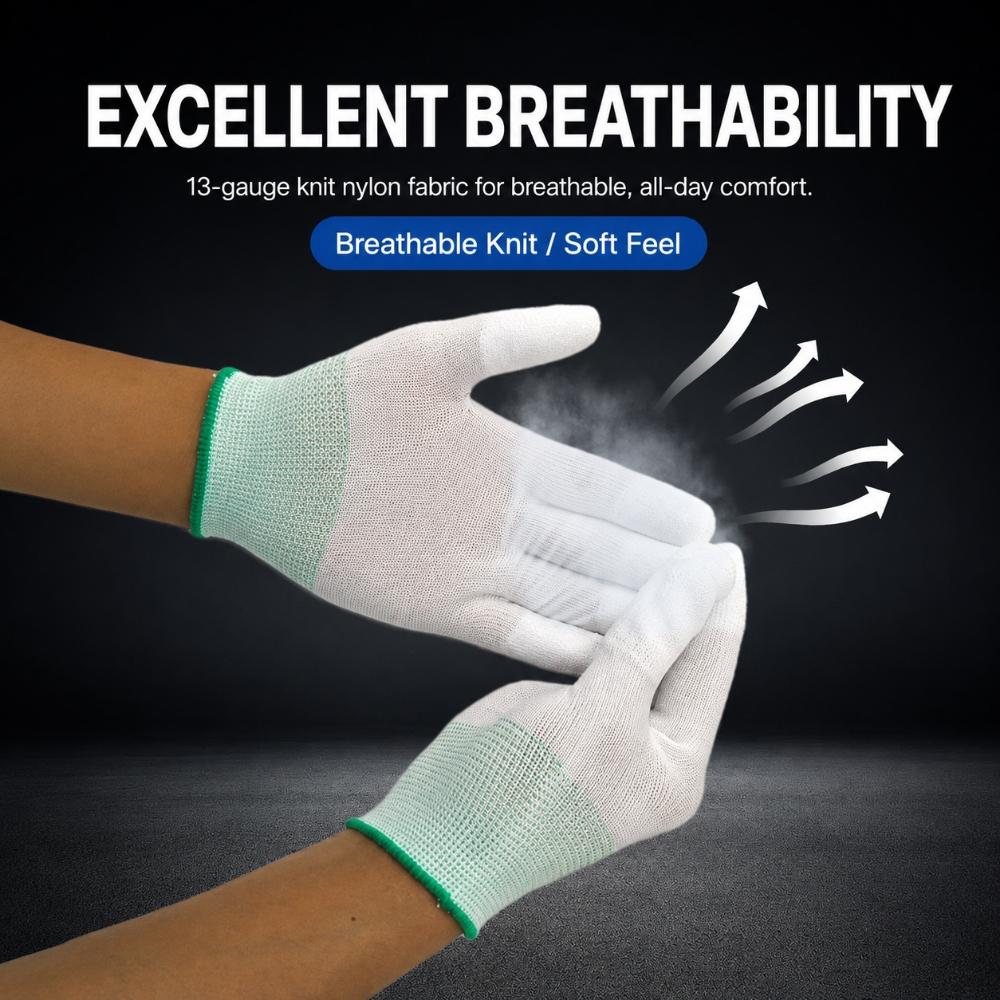 10Pairs Nylon PU Coated Work Gloves, 13-Gauge Breathable Anti-Slip Gloves for Repair, Construction and Gardening