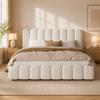Upholstered Bed, Double Bed, 180*200cm, Bed with Slatted Frame and Upholstered Headboard, Solid Wood Legs, White Bouclé