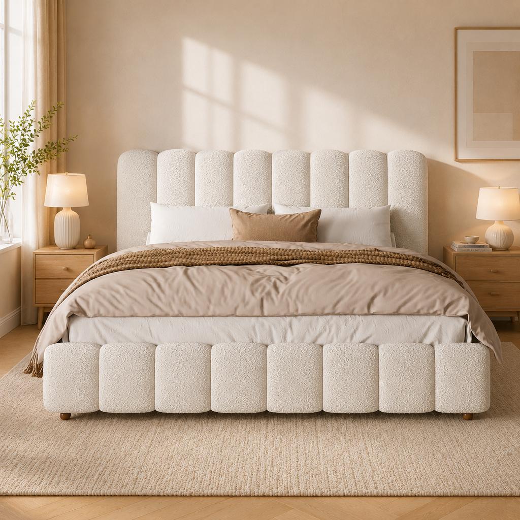 Upholstered Bed, Double Bed, 180*200cm, Bed with Slatted Frame and Upholstered Headboard, Solid Wood Legs, White Bouclé