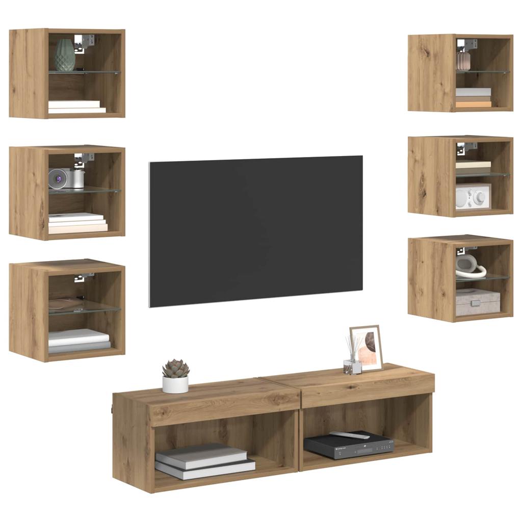 TV Cabinet with LED Light Strips 8 pcs Artisan Oak Finish with Glass