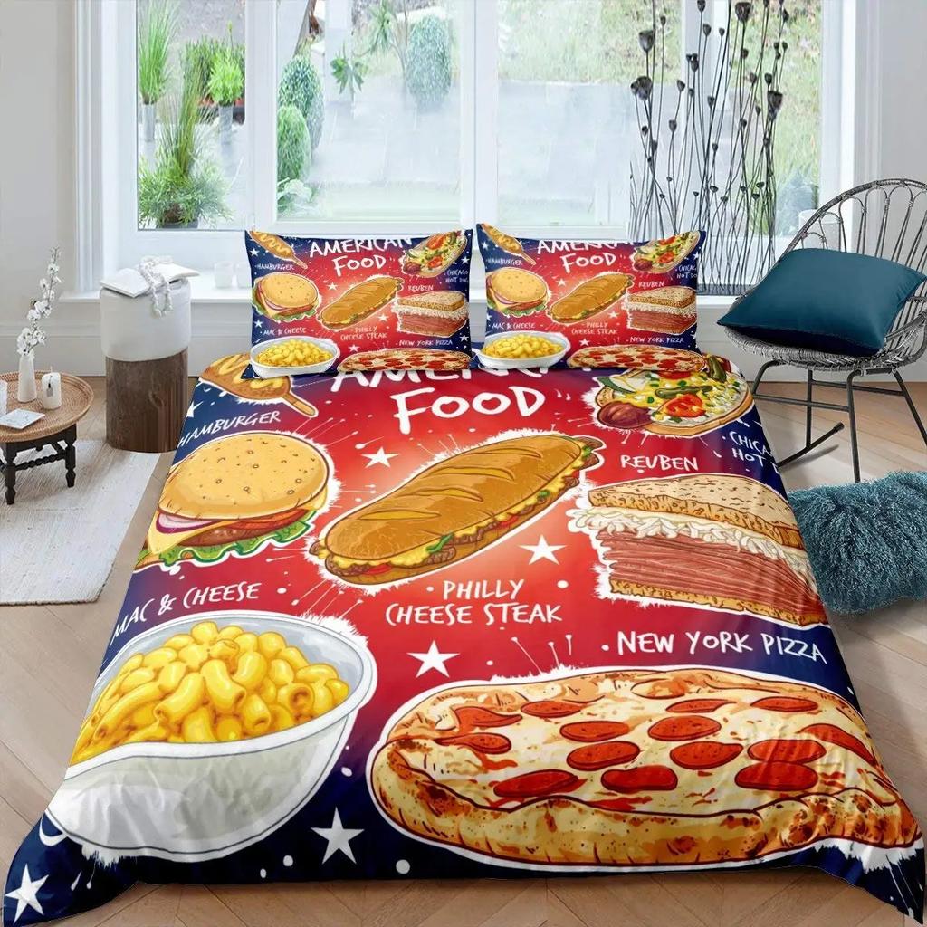 Americké Rychlé Občerstvení Sada Povlaku na Peřinu Velikost Full Polyester Pizza Hotdog Hamburger Potisk Ložní Sada Hranolky Kreslený Povlak na Přikrývku