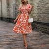 2026 spring and summer short-sleeved V-neck leaf print big swing skirt waist dress fairy skirt