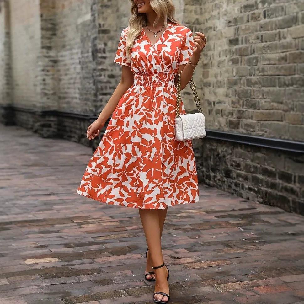 2026 spring and summer short-sleeved V-neck leaf print big swing skirt waist dress fairy skirt