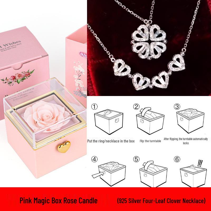 S925 Silver Four-Leaf Clover Necklace In Rotating Surprise Gift Box for Christmas, Valentine's, or Birthday
