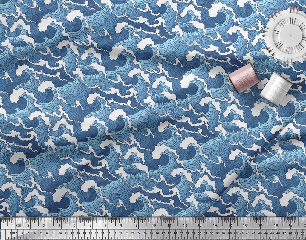 Soimoi Japan Crepe Satin Fabric Waves Shirting Decor Fabric Printed Metre 42 Inch