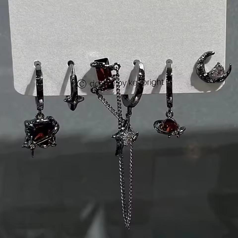6pcs Set Star Moon Tassel Zircon Dangle Earrings Dark Gothic Trendy Women Man Y2K Punk Jewelry Accessories Hot Selling Wholesale