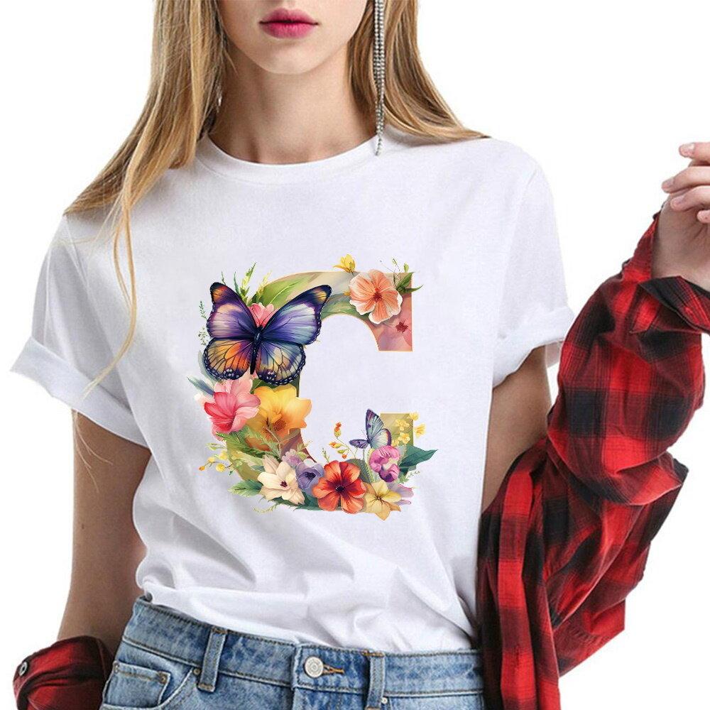 New T-Shirt Butterfly Letter Collection Women's Plus Size  T-Shirt Top Short Sleeve Gift Couple Tee