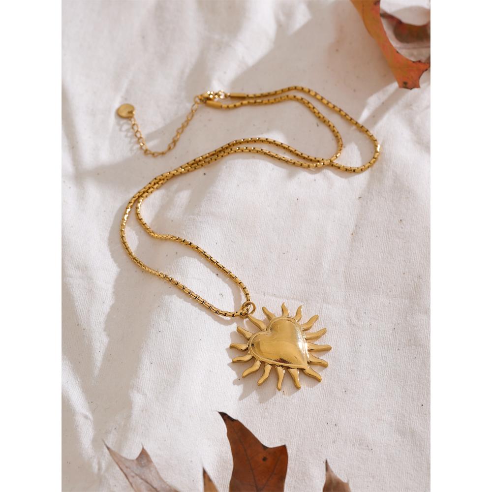 Yhpup 2 Style Sun Heart Pendant Necklace Stainless Steel 18K Gold Color PVD Plated Tarnish Resistant Jewelry Accessory for Women
