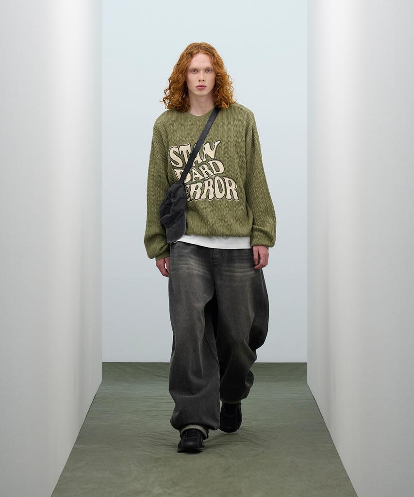STANDARDERROR 87-Stan190 Country Oversized Color Block Lettering Knit Khaki