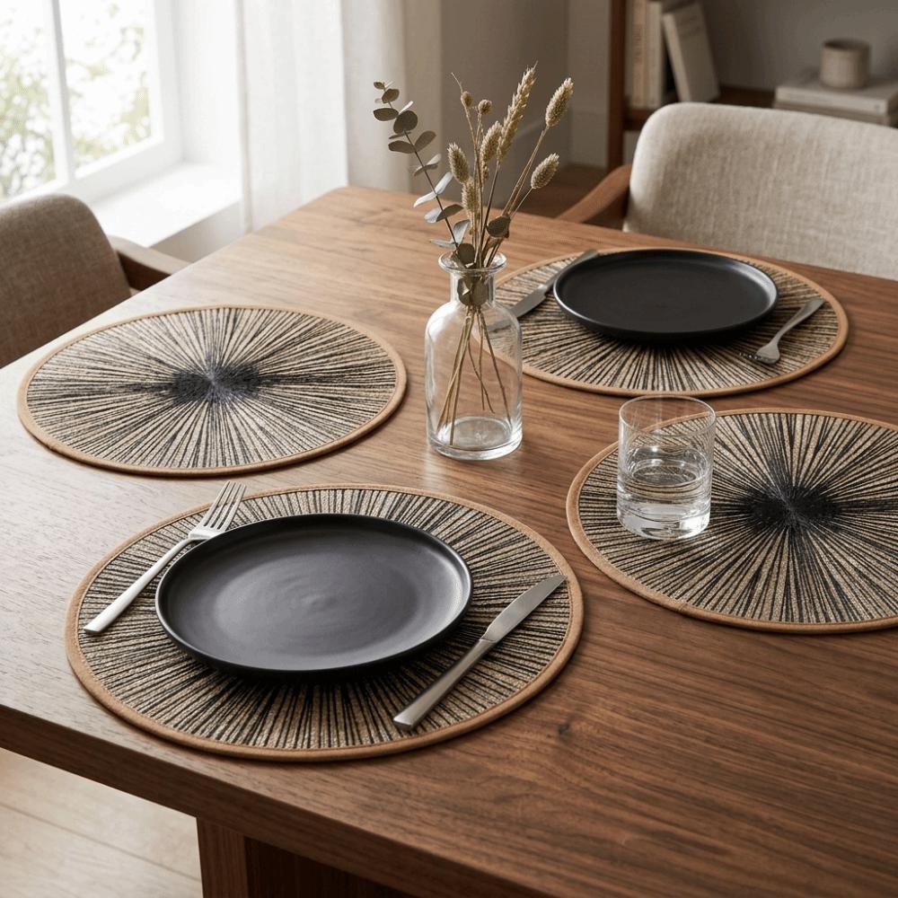 4PCS Bohemia Round  Burlap Macrame Placemats Ray Pattern Dinnerware Mat Jute Tableware Mat  Hotel