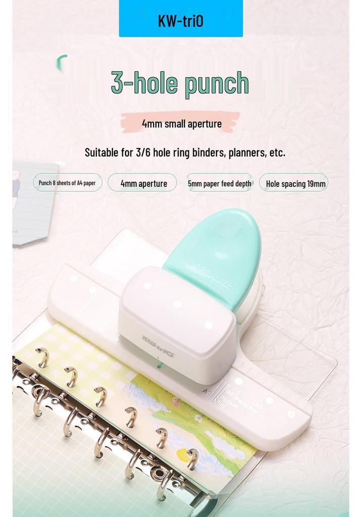 Notebook Puncher 9027: 4mm Multi-Hole Punch for Loose-Leaf Binders, 3 or 6 Holes, Manual Student Use