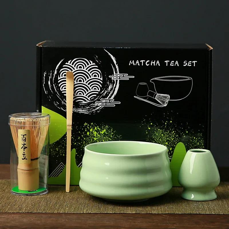 4PCS Japanese Matcha Tea Set Bamboo Whisk Scoop Ceramic Matcha Bowl Traditional Indoor Handmade Tea-making Tools Birthday Gift