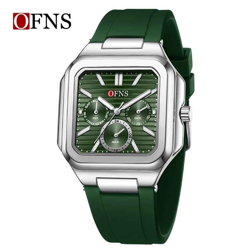 OFNS Six-Hand Men's Square Quartz Watch: Luminous, Day-Date, 30M Waterproof, Silicone Steel Band, Hot Seller