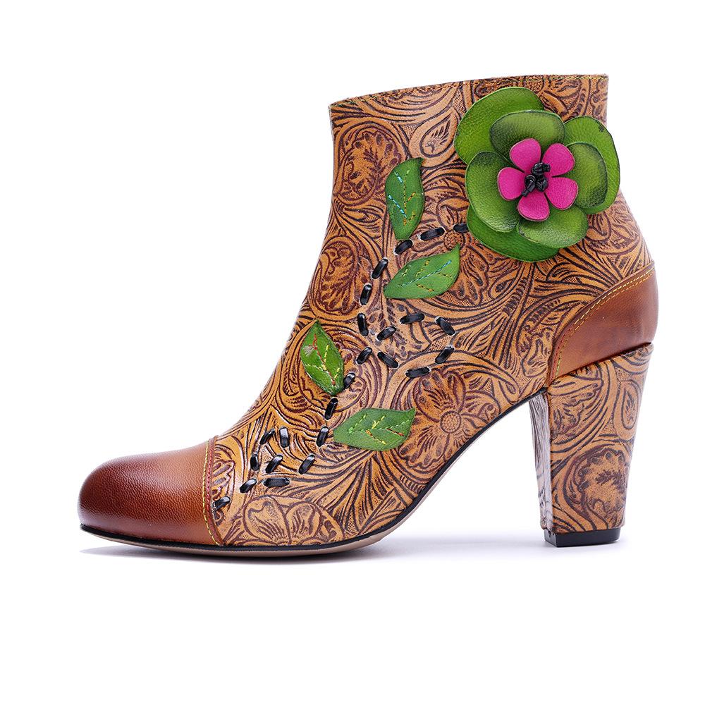 Johnature Genuine Leather Printed High-heeled Short Boots Vintage Flower Thick Heel Side Zipper Women's Boots