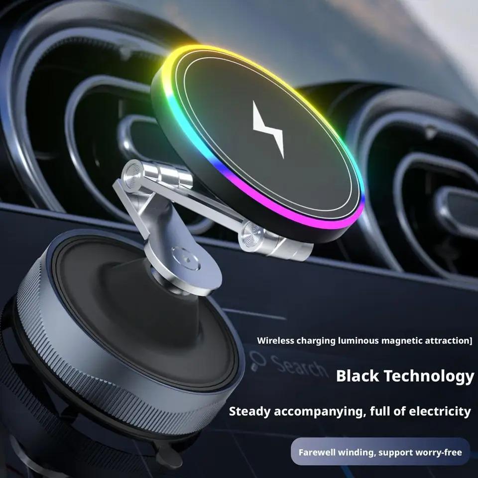 Car Phone Portable Foldable Magnetic Phone Stand 360 Degree Wireless Charging RGB Ambient Light Suction Cup Desktop Phone Holder