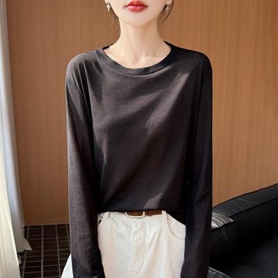 T-shirt Basique Uni à Manches Longues et Col Rond Coupe Ample pour Femme