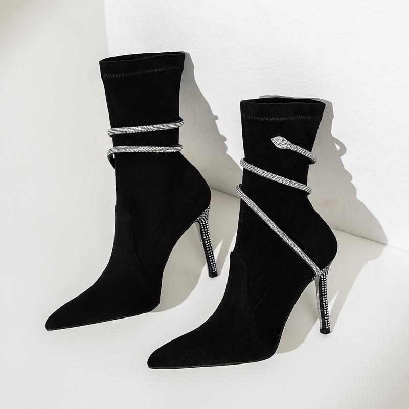 Autumn Winter Faux Suede Snake Coiled Women Boots Luxury Crystal Stiletto High heels Ankle Boots Shoes Botas Mujer