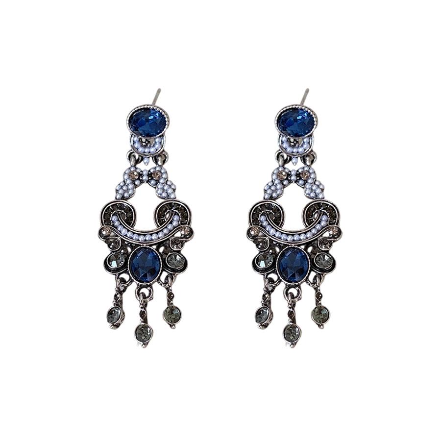 Silver needle diamond oval pearl fringed earrings retro court style stud earrings women's fashion earrings design sense niche