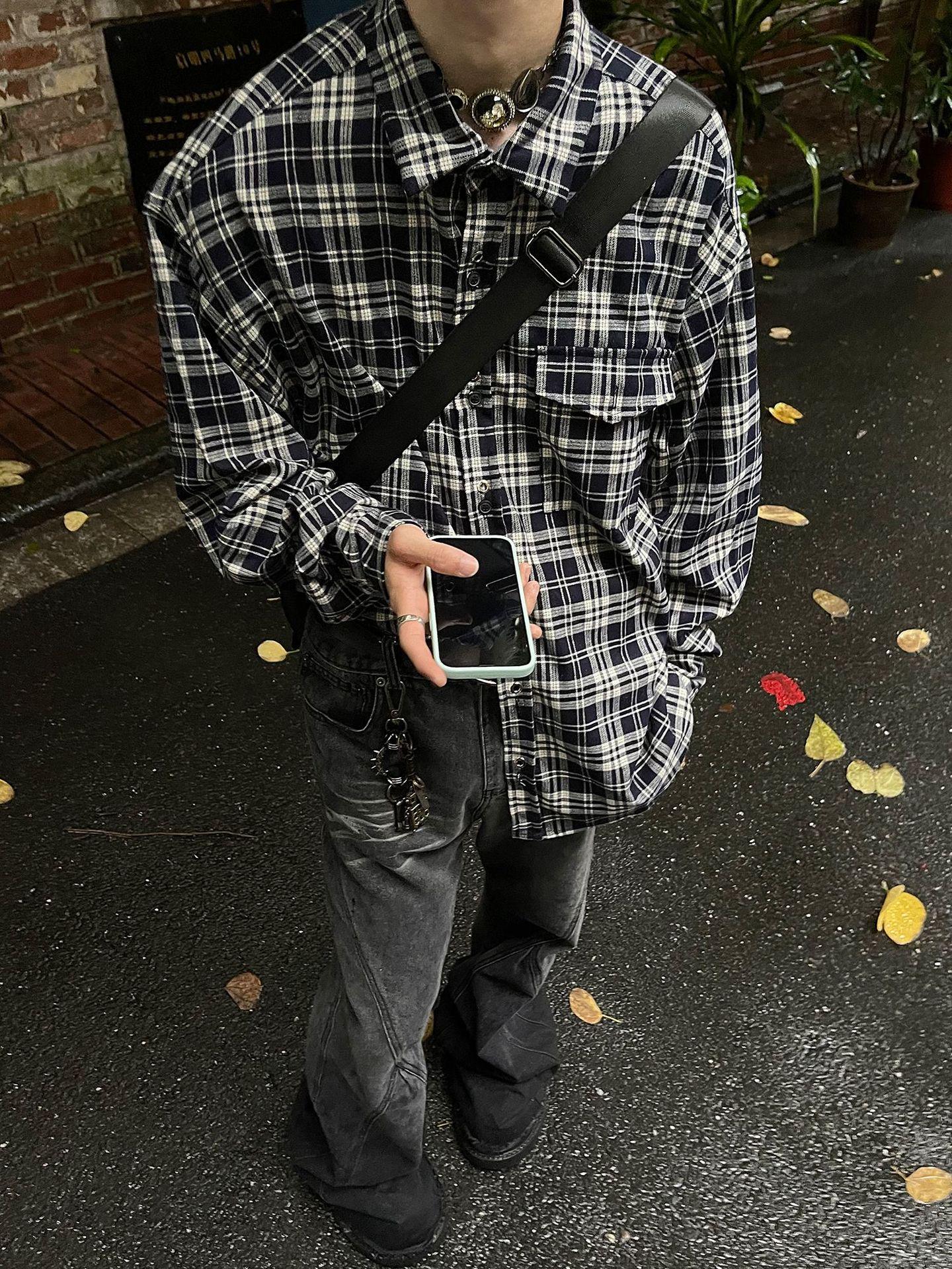 

Унисекс рубашка с длинным рукавом в клетку в ретро-стиле Гонконга – Свободная, легкая и солнцезащитная Large