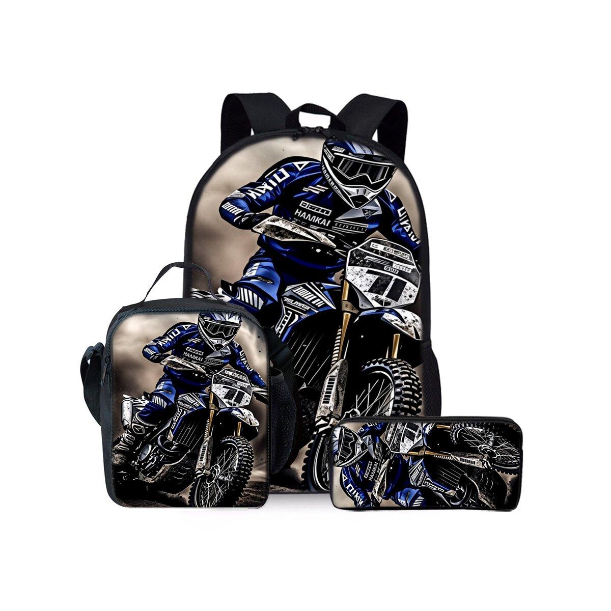 Coole Drie Delige Rugzakken Set met Motorprint voor Jongens en Meisjes Beste Cadeaus 2D Platte Cartoon Schooltas voor Kinderen