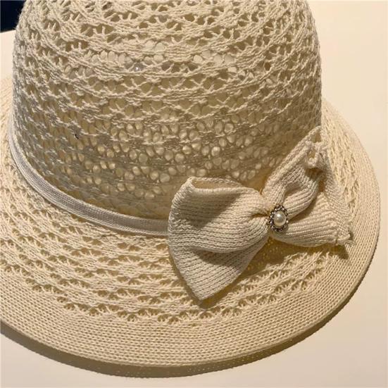 Women's Sun Hat Handmade Straw Woven Bucket Hat with Bow Foldable Sun Protection Fishing Hat for Outdoor Travel Beach