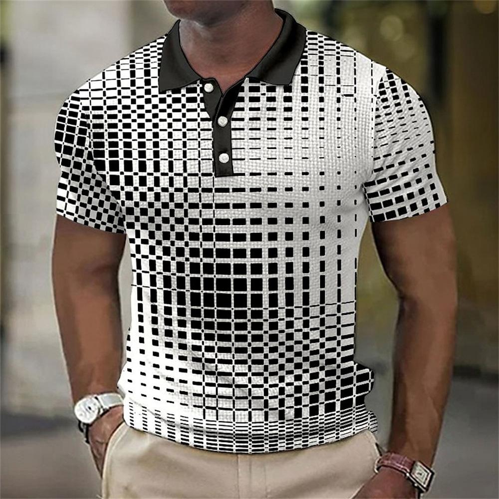 Men'S Simple Plaid 3D Digital Printing Business Casual Short-Sleeved Lapel Polo Shirt