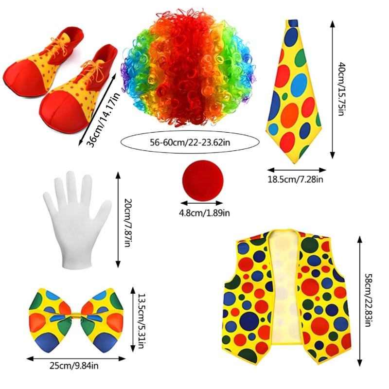 Komplettes Clown-Performance-Outfit Regenbogen-Perücke Fliege mit Accessoires für Themenveranstaltung und Rollenspiel Cosplay Kostüm