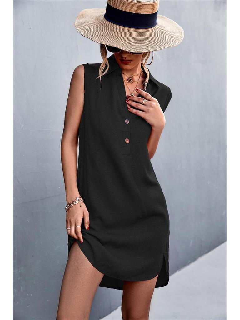 V-Neck Button Sleeveless Cotton Linen Dress with Slit - 2026 Summer Collection