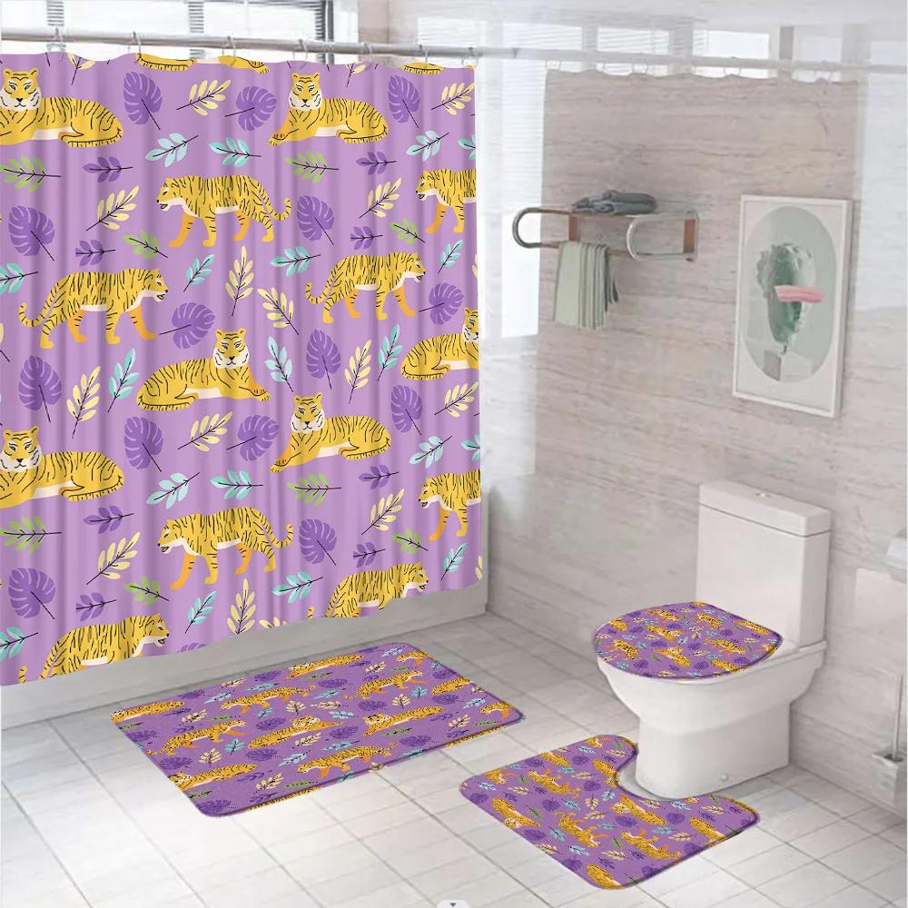 Tiger Shower Curtain Set Tropical Palm Leaf Wildlife Animal Jungle Zebra Leopard Bathroom Curtains Rug Bath Mat Lid Toilet Cover