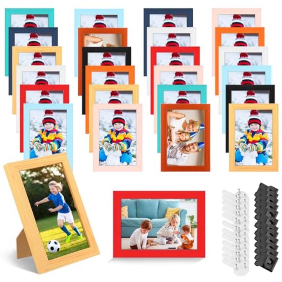 Set of 24 Picture Frame Bulk with Acrylic Sheet 4 X 6 Inch Photo Collage Frames with Invisible Nail and S Hooks for Wall Table