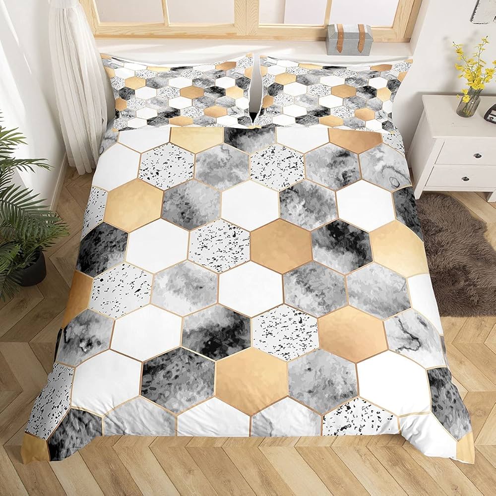 Geometric Duvet Cover Set Twin Queen Luxury Marble Comforter Cover Abstract Honeycomb Hexagon Bedding Set 2/3pcs for Boys Girls