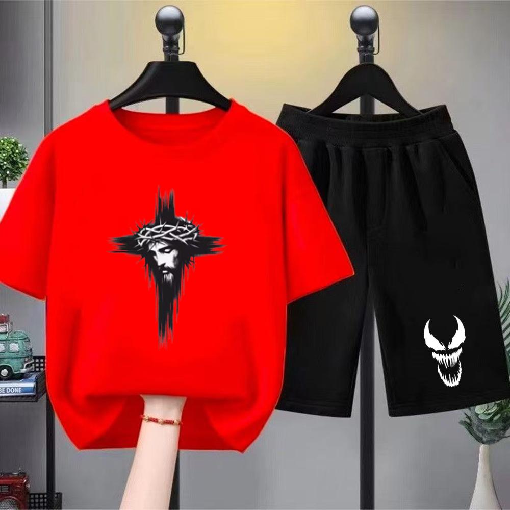

Hip-hop Fashion Trendy Art Print Summer Short-sleeve T-shirt Casual Sports Set Shorts 100