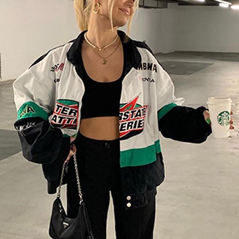Dámská oversized Streetwear bunda s potiskem, větruodolná, s dlouhým rukávem, motorkářský styl, ležérní svrchní oblečení