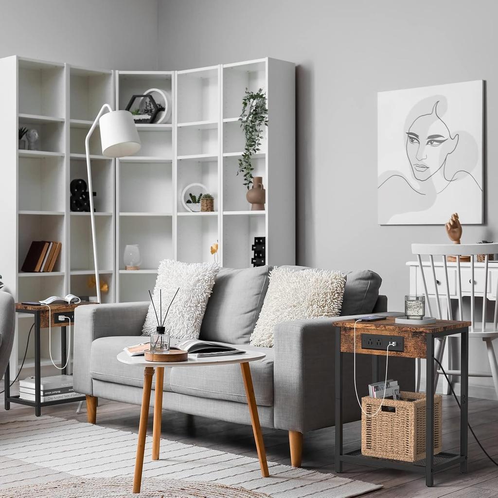 Set of 2 Nightstands w/ Charging Station - Rustic Brown 2-Tier Bedside Tables, Dual USB & AC Outlets + Mesh Storage